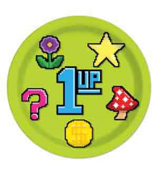Green round plate with pixelated 1-up, star, flower, mushroom, question mark, and coin designs.