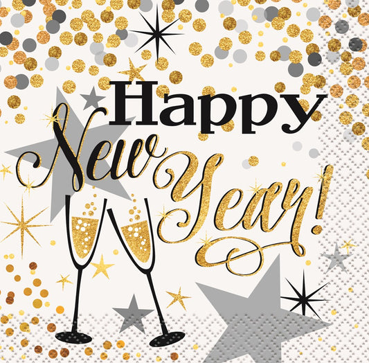 White napkin with gold and black confetti, stars, and "Happy New Year!" text with two clinking champagne glasses.