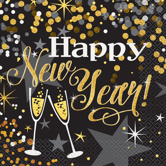 Black napkin with gold and white glittering confetti, stars, champagne glasses, and "Happy New Year!" text in gold and white