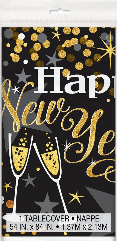 Black tablecover with gold and silver glittery stars, dots, and "Happy New Year" text with champagne glasses design.