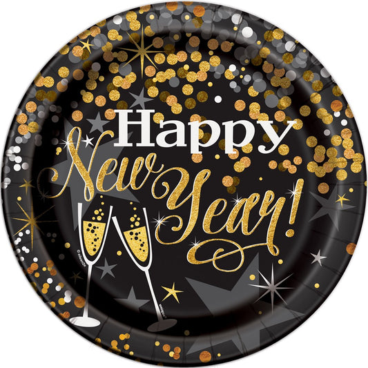 Black round paper plate with gold and silver confetti and sparkling Happy New Year text with champagne glasses design.