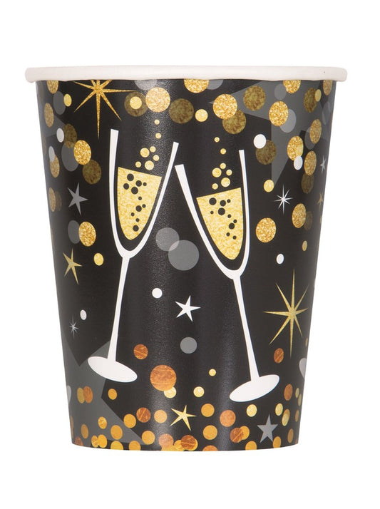 Black paper cup with gold and silver glitter dots, stars, and two white champagne glasses clinking, 9oz.