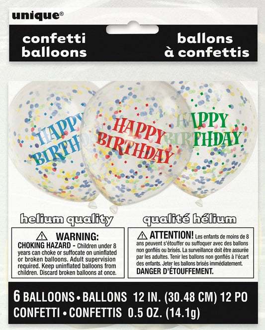 Set of six 12-inch clear latex balloons filled with colorful round confetti and "Happy Birthday" text in red, blue, and.