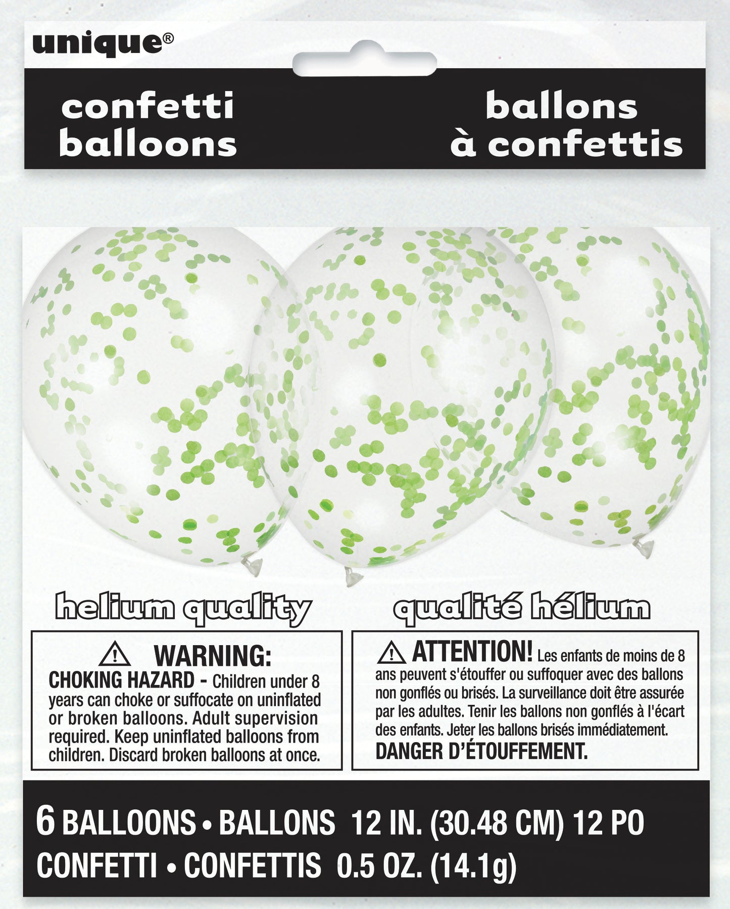 Six clear 12-inch balloons filled with lime green confetti, packaged for sale.