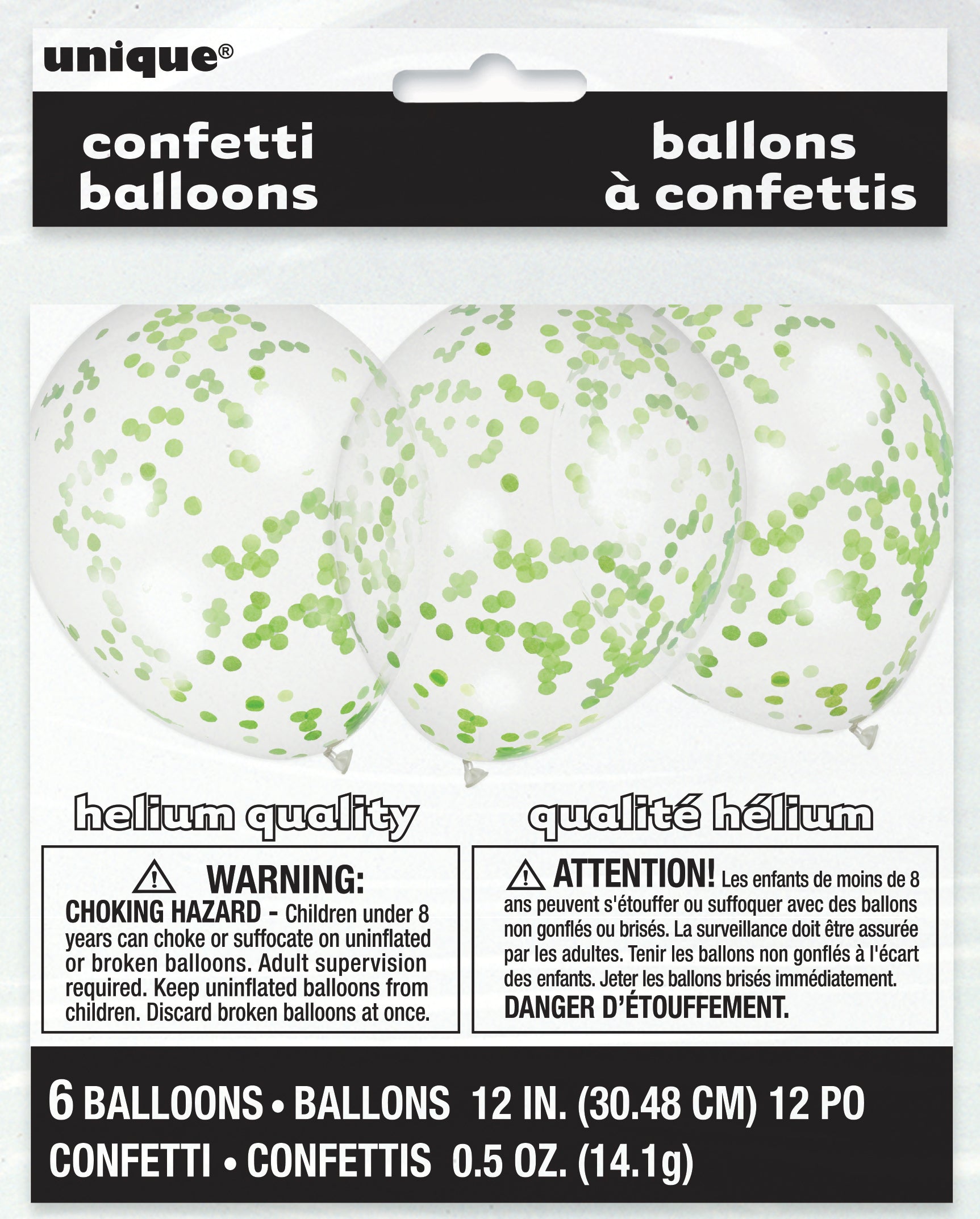 Six clear 12-inch balloons filled with lime green confetti, packaged for sale.