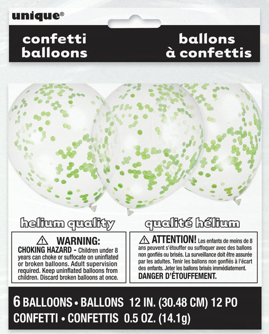 Six clear 12-inch balloons filled with lime green confetti, packaged for sale.