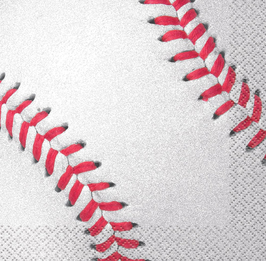 White paper napkins with red baseball stitching pattern on textured surface, 16 count pack.