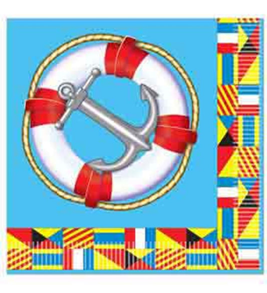 Blue square napkin with a white and red lifebuoy and anchor design, bordered by colorful nautical flags.