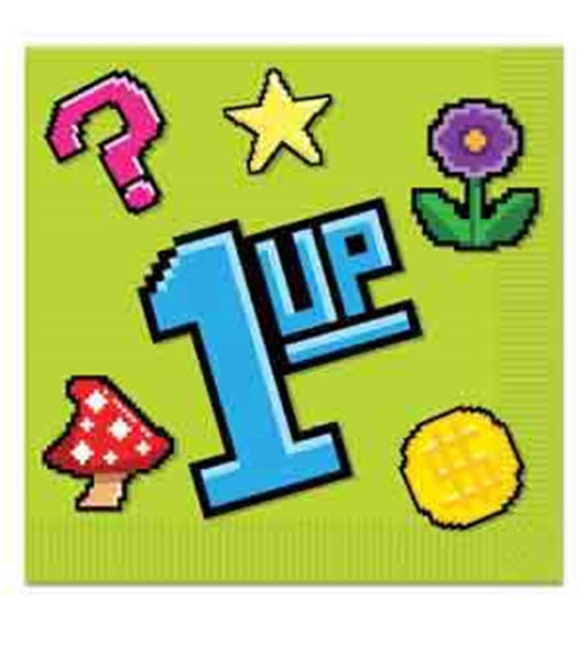 Bright green napkin with blue pixelated "1 UP" text, pink question mark, yellow star, purple flower, red mushroom, and.