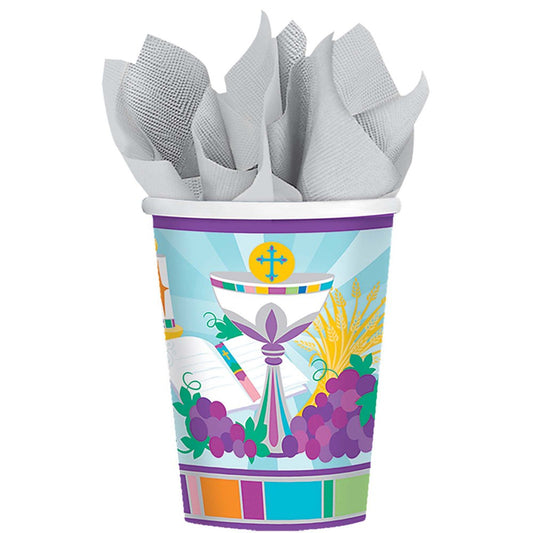 Colorful 9oz communion cup with chalice, grapes, wheat, cross, and rainbow border design.