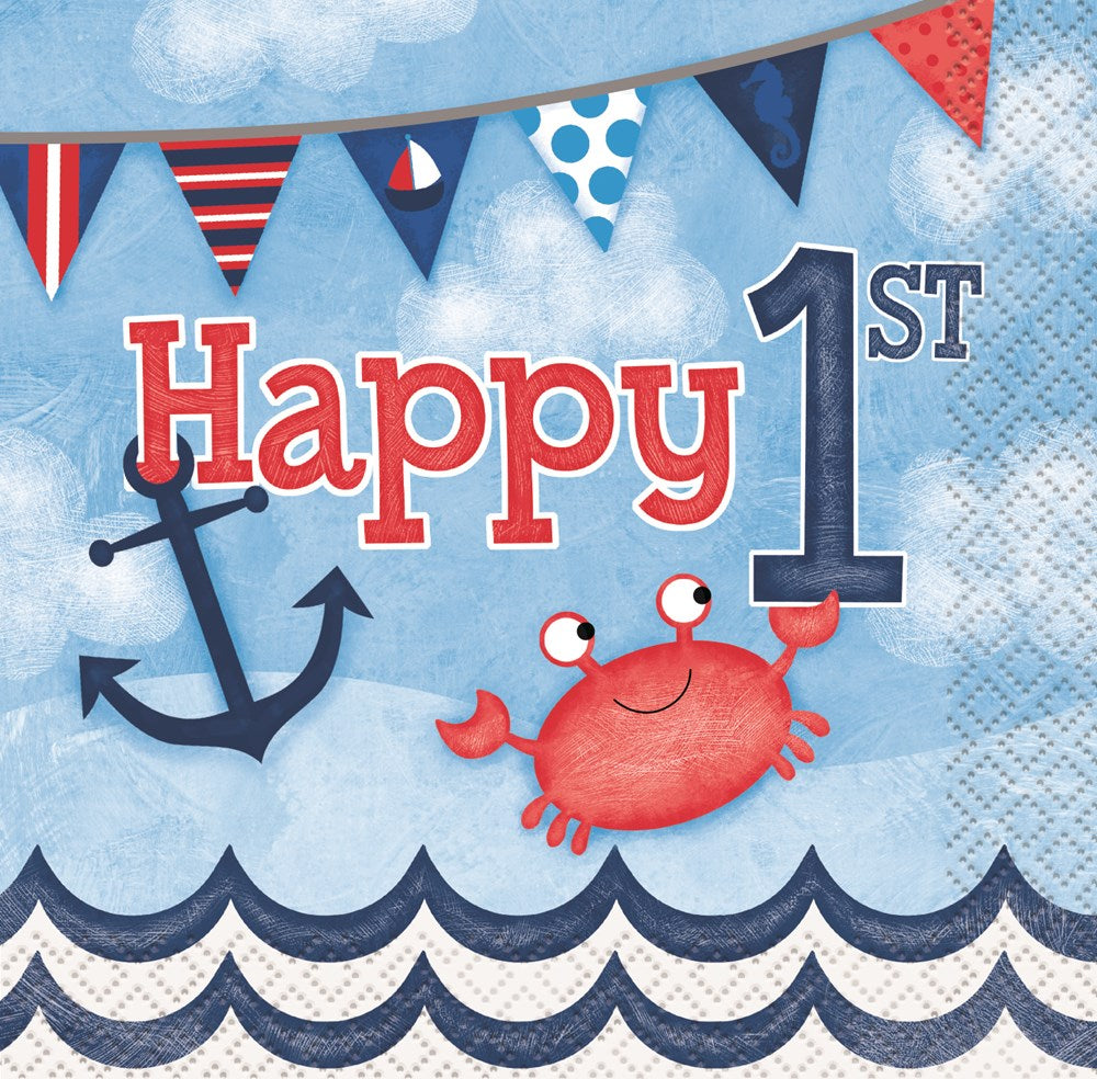 Blue napkin with nautical theme featuring a red crab, navy anchor, and "Happy 1st" text in red and navy.