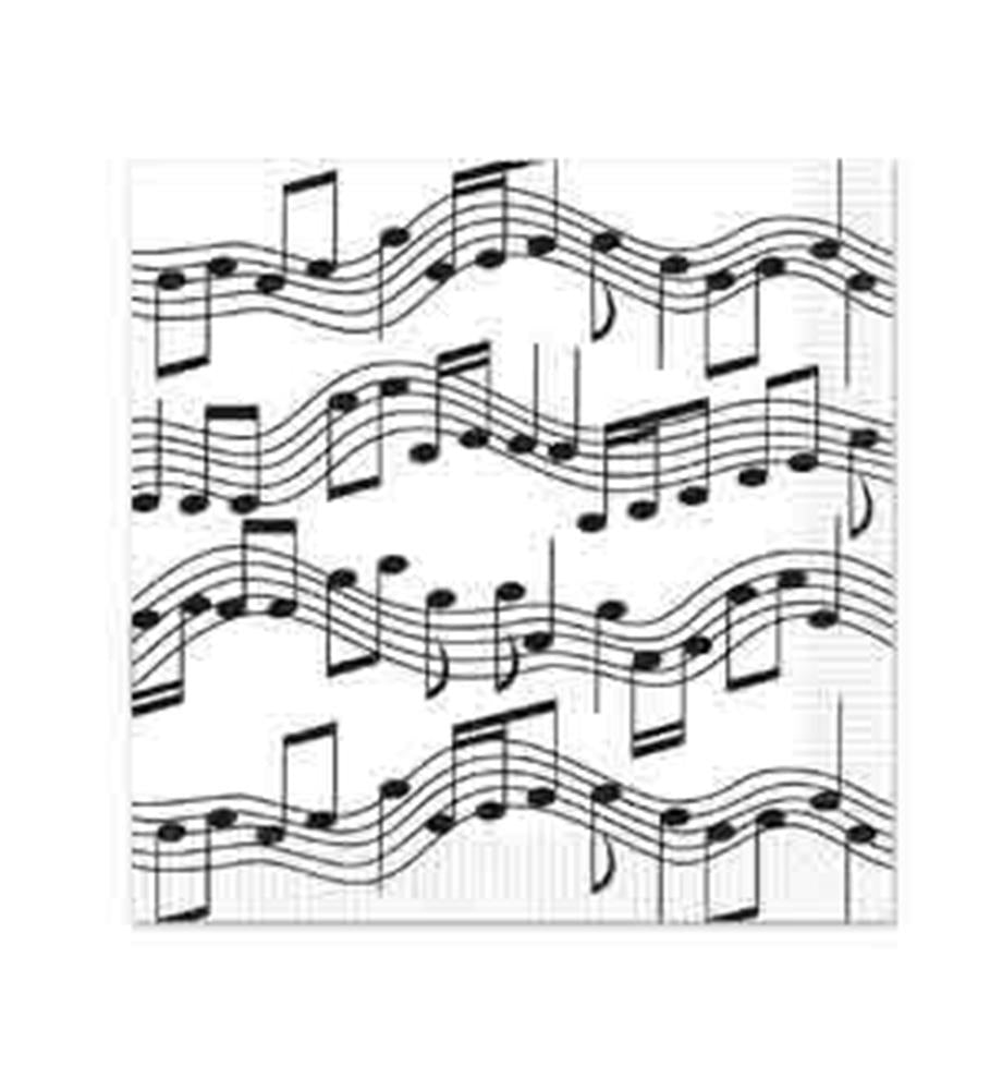 White square beverage napkin with black musical notes and staff lines in a flowing pattern.