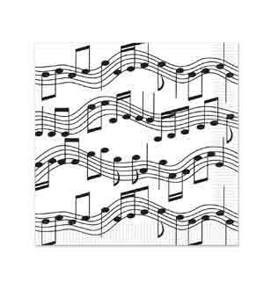 White square beverage napkin with black musical notes and staff lines in a flowing pattern.