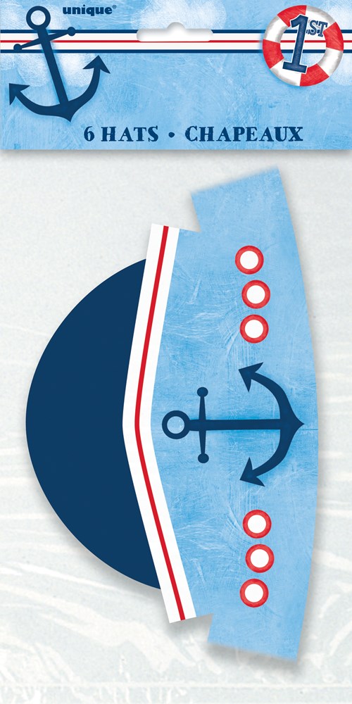Blue cone-shaped party hat with a navy anchor, red and white stripes, and red porthole circle designs, paper material.
