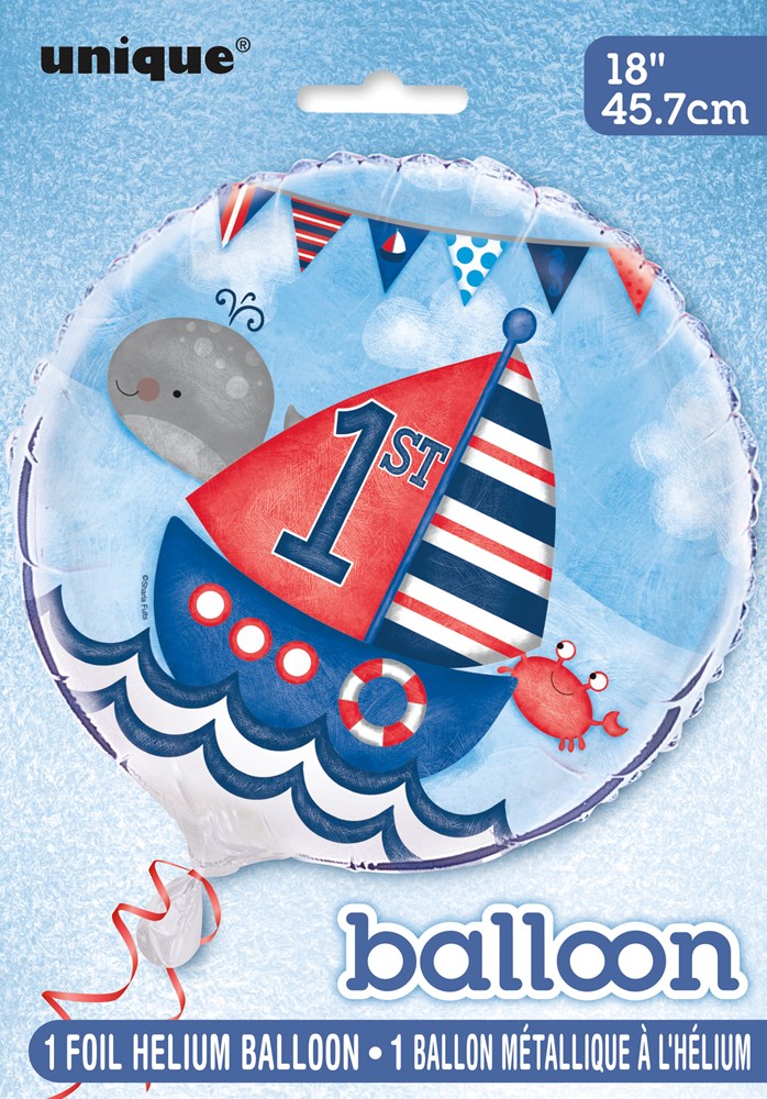 Round foil balloon with a red and blue sailboat, "1st" in red on the sail, nautical flags, whale, and crab on a light blue.