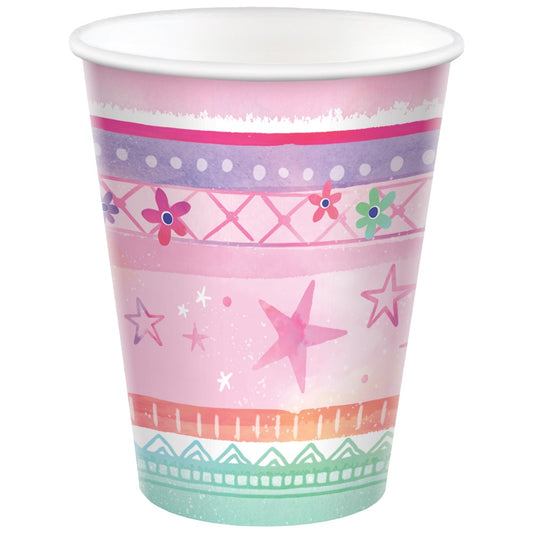 9-ounce paper cup with pink, purple, and teal stripes, stars, flowers, and geometric patterns.