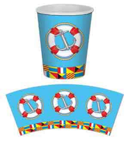 Blue paper cup with red and white lifebuoy and colorful nautical flag border design.