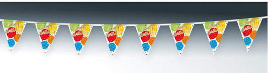 12ft gold glitter "HAPPY BIRTHDAY" flag banner with multicolored balloon-themed triangular pennants.