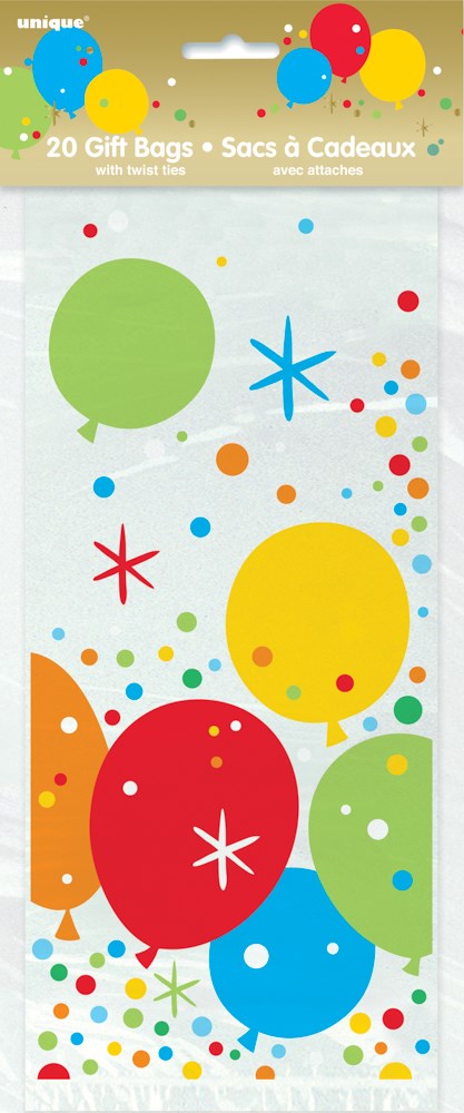 Clear cello gift bag with colorful balloons and confetti print on front, 5x11 inches.