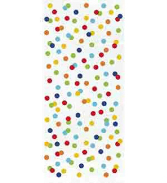 Clear cellophane bag with colorful rainbow polka dot pattern scattered evenly across the surface.