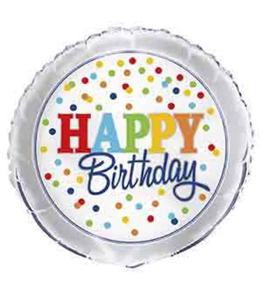 Round silver foil balloon with multicolored polka dots and "Happy Birthday" text in rainbow colors.