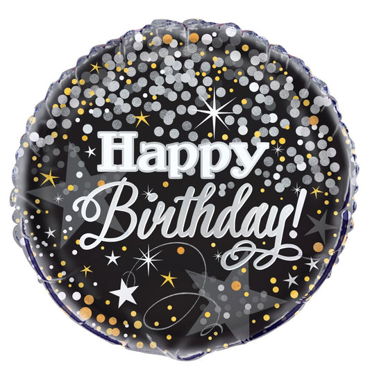 Round 18-inch black foil balloon with white "Happy Birthday!" text and gold, silver star, and confetti accents.