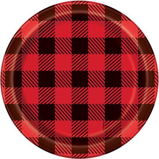 Round paper plates with red and black buffalo plaid pattern, 7-inch diameter, set of eight.