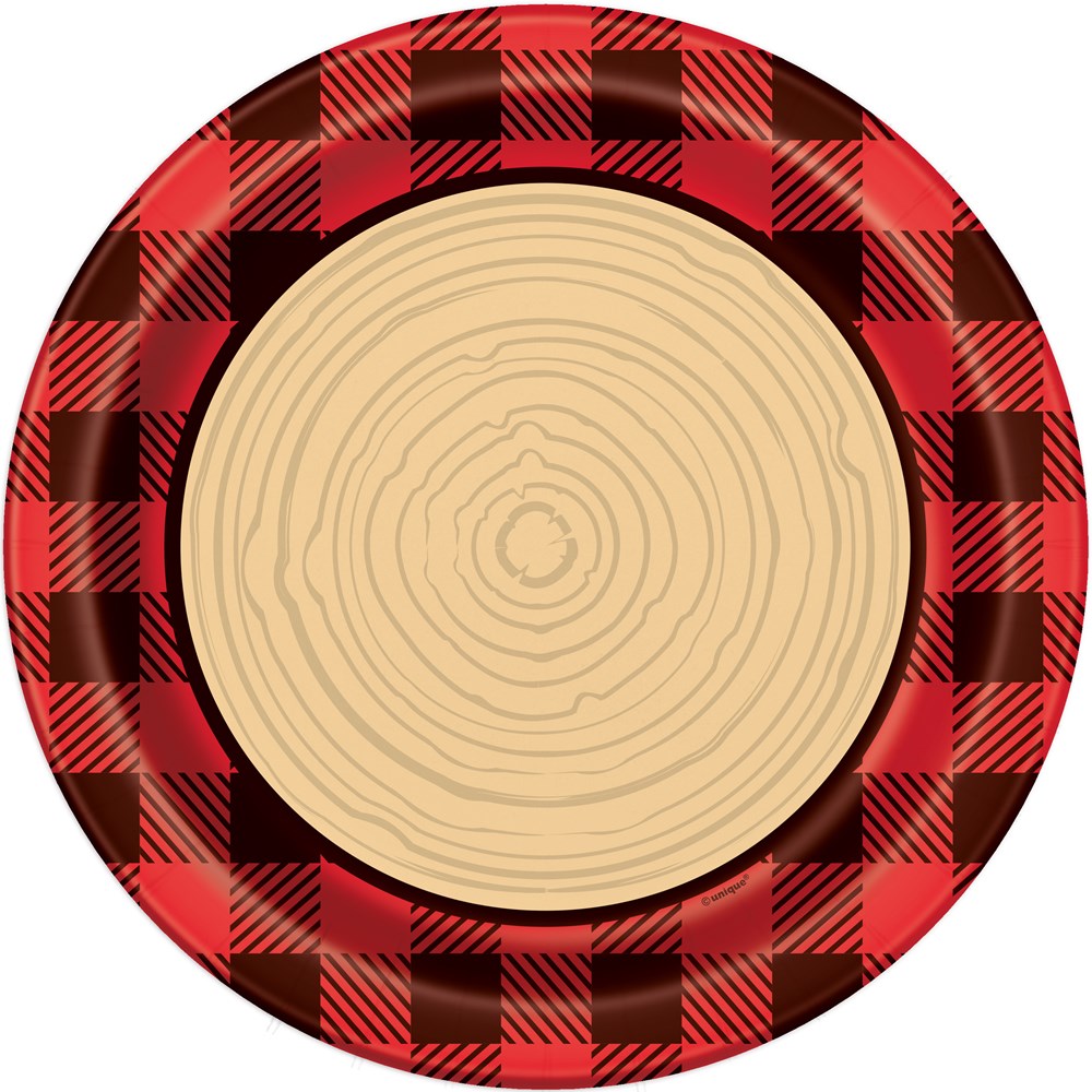 Round disposable plate with red and black buffalo plaid border and wood log ring pattern center.
