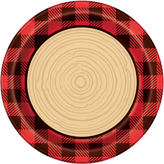 Round disposable plate with red and black buffalo plaid border and wood log ring pattern center.