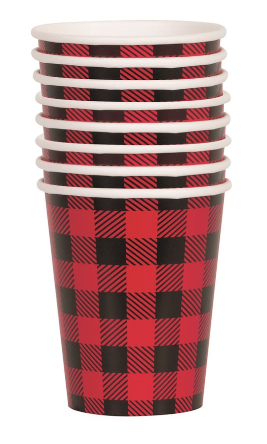 Stack of eight paper cups with red and black buffalo plaid pattern and white rims.