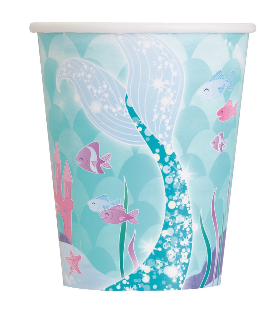 Light blue paper cup with floral-patterned mermaid tail, pink fish, and underwater castle design.