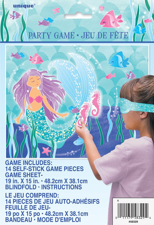 Colorful Mermaid-themed party game set with 14 pieces, including a blue blindfold and mermaid cutouts with glitter details.