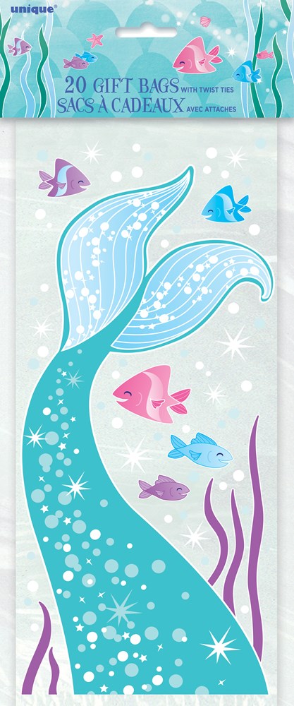Clear cellophane bag with a blue mermaid tail, pink and purple fish, and purple seaweed design.