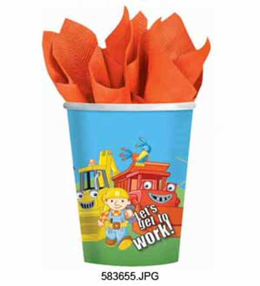 Blue plastic cup featuring Bob the Builder and construction vehicles with "Let's get to work!" text, filled with orange.