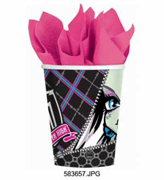 Black and white Monster High themed paper cup with pink and blue accents, filled with bright pink napkins.
