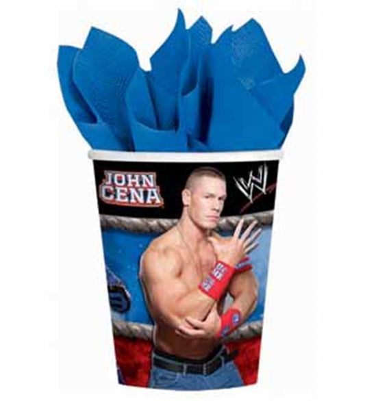 Blue napkins in a disposable cup featuring wrestler John Cena with red wristbands and WWE logo.