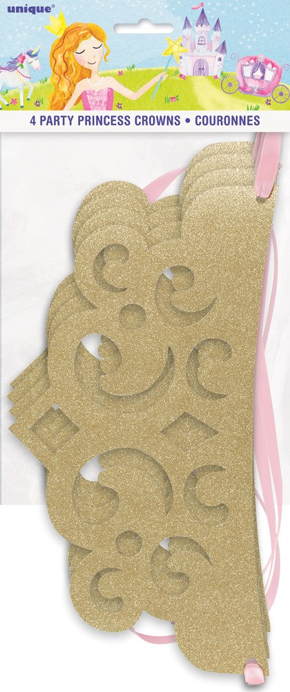 Set of four glittery gold princess crowns with heart and swirl cutout designs and attached pink ribbons.