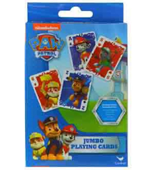 Blue box featuring Paw Patrol characters and four colorful jumbo playing cards with dog illustrations.