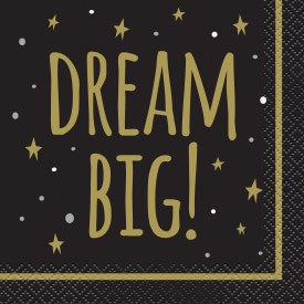 Black square napkin with gold and silver stars and "DREAM BIG!" in large gold letters.