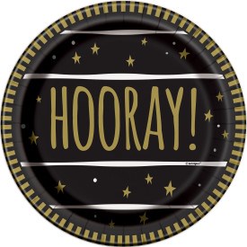 Black round paper plate with gold lettering reading "HOORAY!" surrounded by gold stars and a striped gold border.
