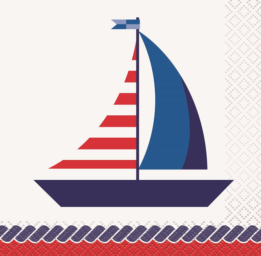 Small paper napkin with a red, white, and blue sailboat design on a textured white background with braided rope pattern.