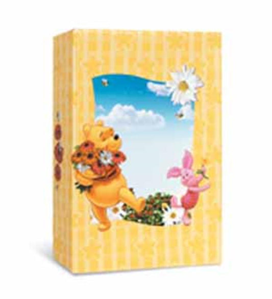 Yellow rectangular gift box featuring Winnie the Pooh holding sunflowers and Piglet with a blue sky and white daisy.