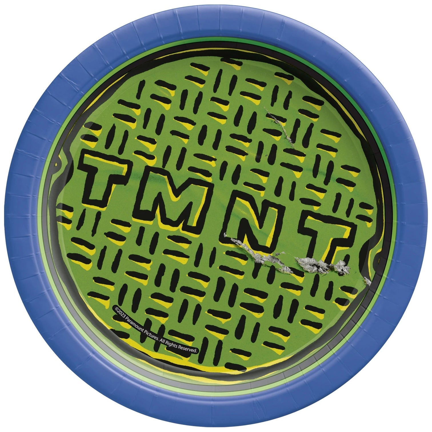 Round 7-inch paper plate with Teenage Mutant Ninja Turtles logo, green center, blue rim.