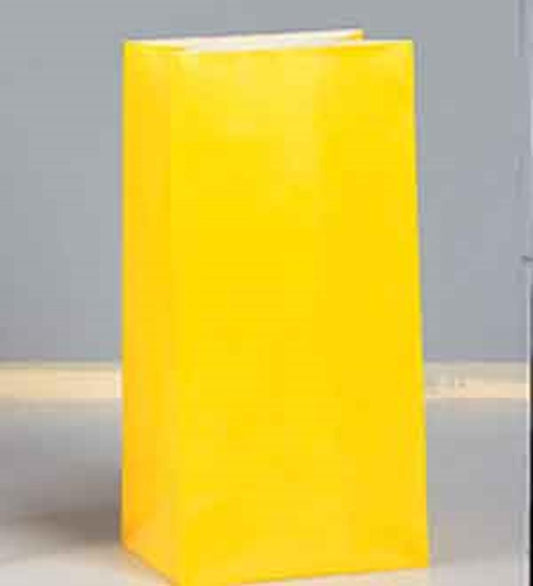Bright yellow rectangular paper party bag with a flat bottom and open top.