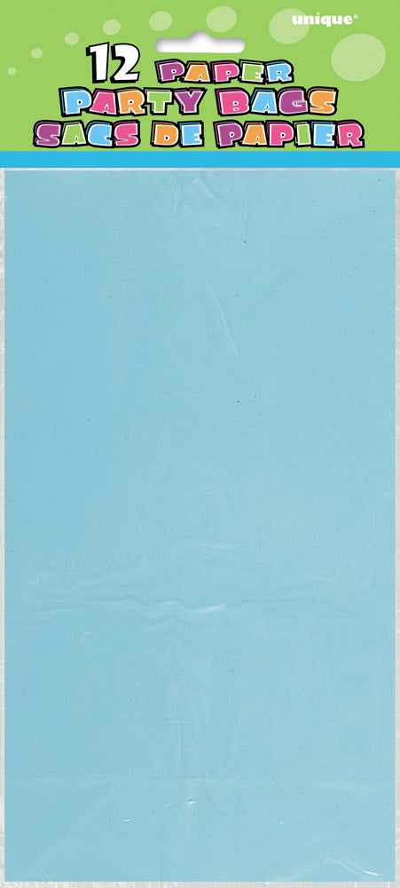 Set of 12 baby blue rectangular paper party bags with a smooth finish.