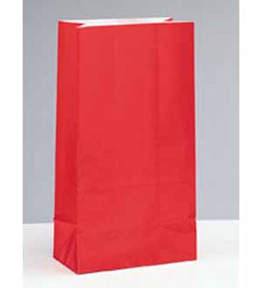 Tall rectangular red paper party bag with flat bottom and smooth finish.