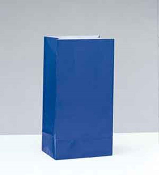 Set of 12 royal blue matte paper party bags with rectangular shape and flat bottoms.