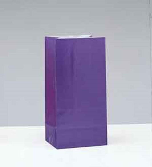 Set of deep purple paper party bags with a rectangular base and glossy finish, standing upright.