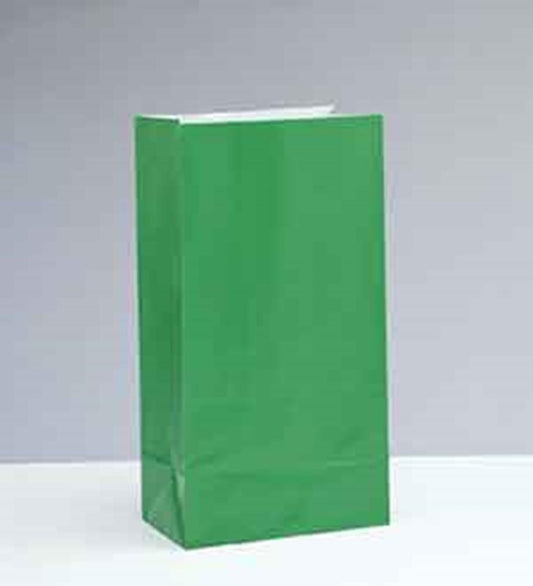 Tall rectangular green paper party bag with flat bottom and open top.