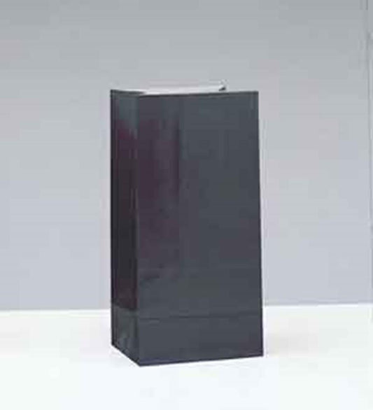 Black glossy paper party bag with rectangular base and open top.